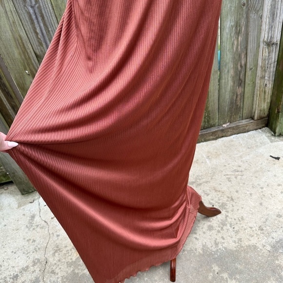 Mango Suit Shiny Burnt Orange Ribbed Flowy Layered Maxi Dress - Picture 2 of 10